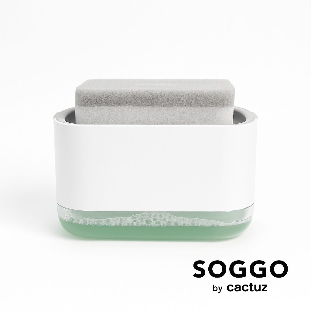 Dispensador inteligente de jabón con esponja SOGGO by Cactuz sobre fondo blanco, diseño minimalista y moderno.